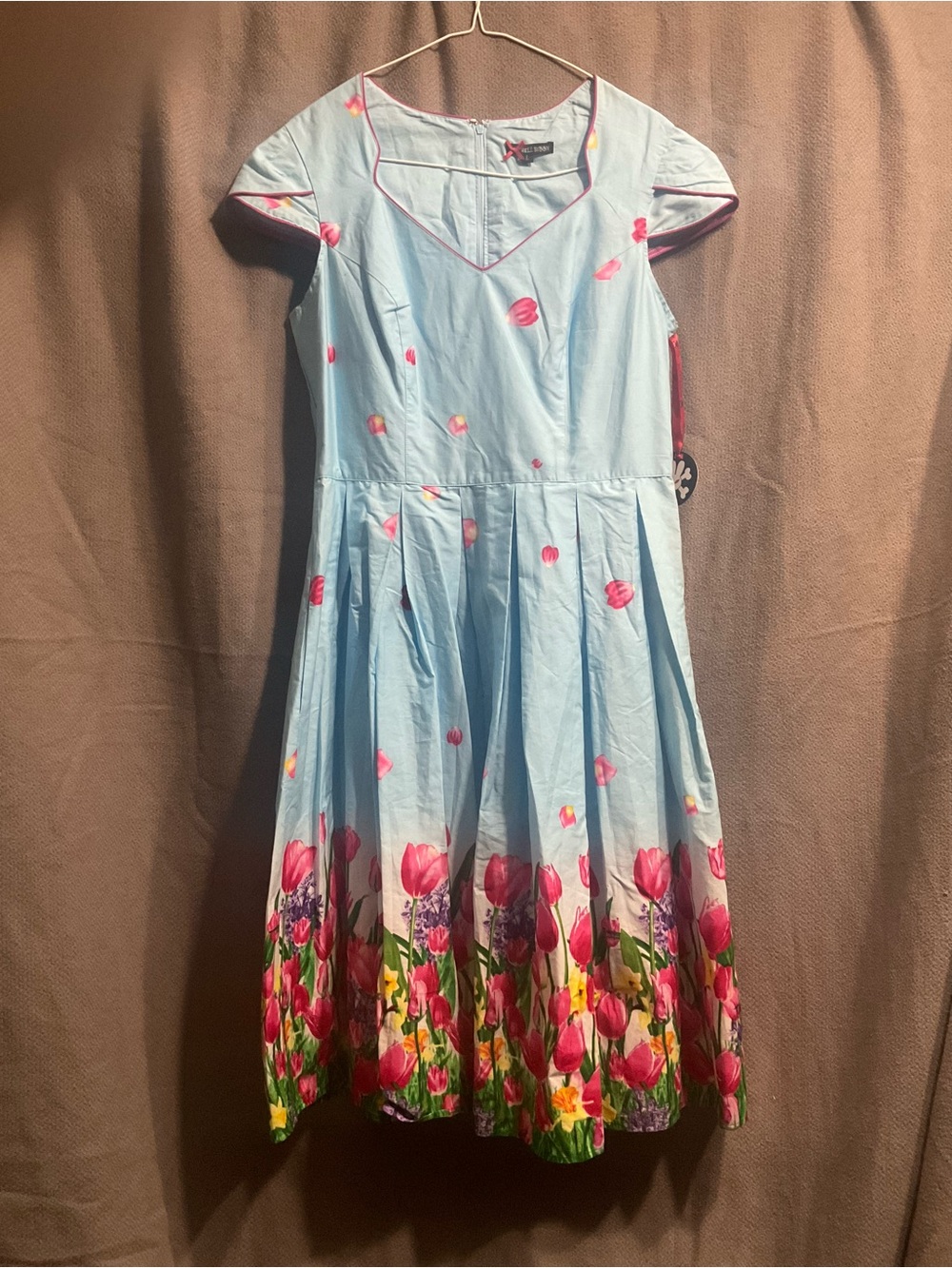Hell Bunny Light Blue Fit-and-Flare Dress with Pink Floral Border